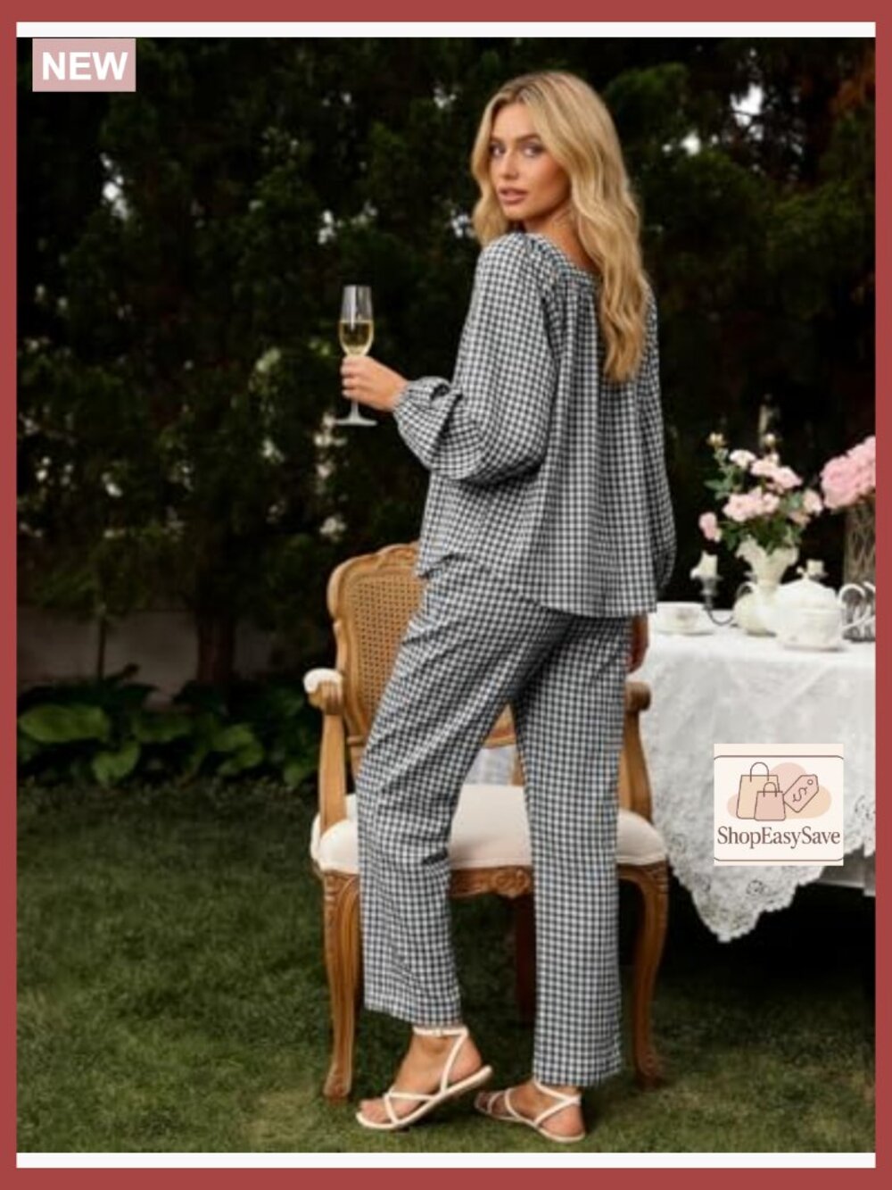 Gingham Pajama Set 2 Piece Cotton Plaid Raglan Sleeve Button Top Straight Leg - Picture 6 of 7